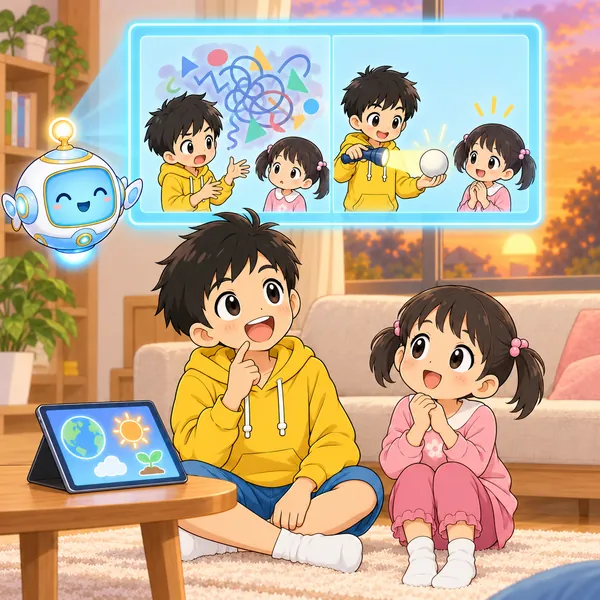 AIロボットが、むずかしいことばの絵と、ライトとボールで説明する絵を見せている。