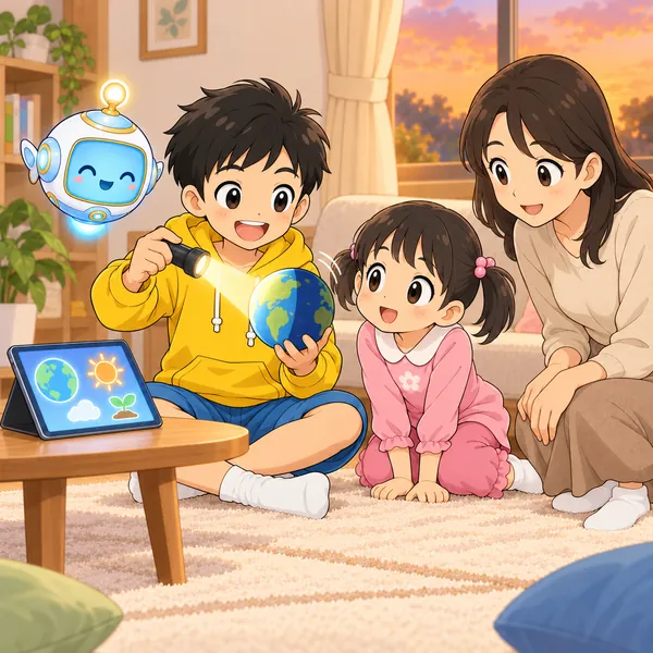 ハルがライトとボールで説明し、妹と母が見ている。