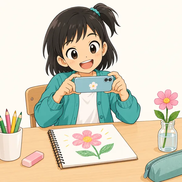 ミオが机で、スケッチブックにかいた花の絵をスマホで撮って投稿している