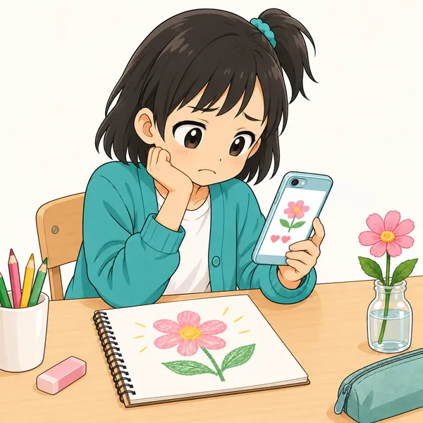ミオがスマホ画面を見て、がっかりした顔