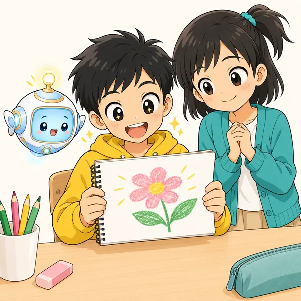 ハルがスケッチブックの本物の絵を両手で持って、目をかがやかせて見ている