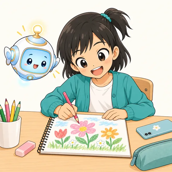 ミオが笑顔でスケッチブックに次の絵をかいている