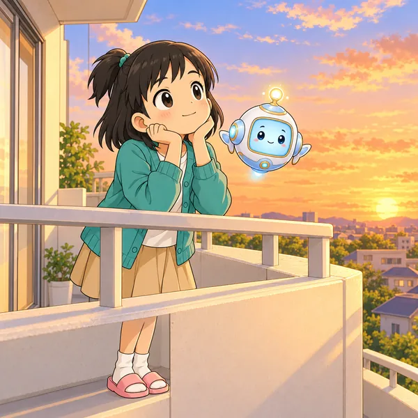 夕方のベランダで、ミオが空を見上げている。