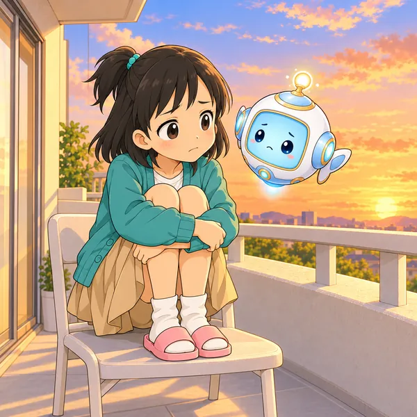 ミオがひざをかかえて座っている。