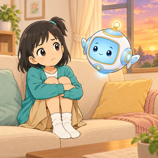 ミオがソファでひざをかかえて考えこんでいる。