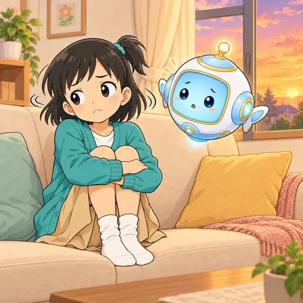 ミオが首を横にふってこまっている。