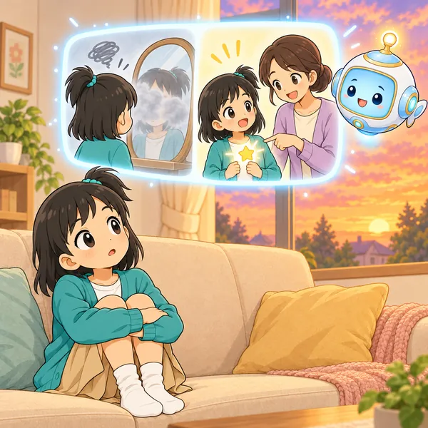 AIロボットが、家の人が指さすと子の胸に星が光る絵を見せている。