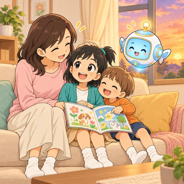 ミオの母と弟によりそわれて、ミオがうれしそうにてれている。