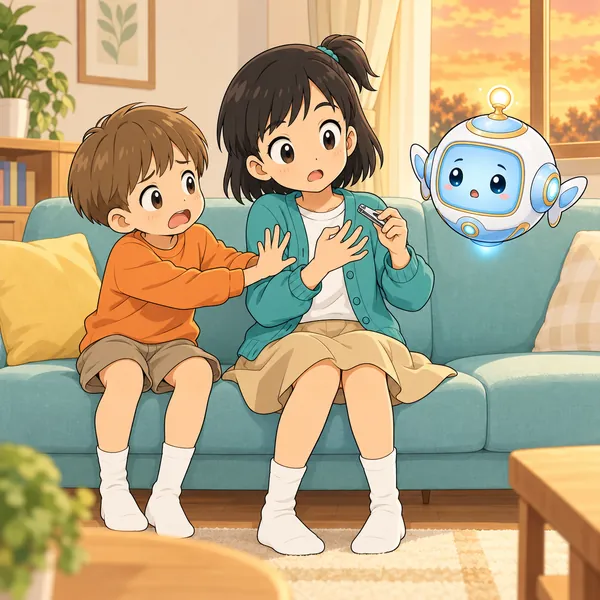 ミオがつめ切りを持ち、弟が止めている。