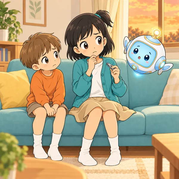 ミオがつめ切りを持ったままこまった顔をしている。