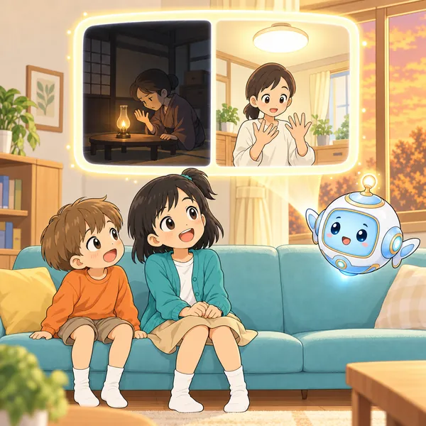 AIロボットが、昔の暗い家と今の明るい部屋の絵を見せている。