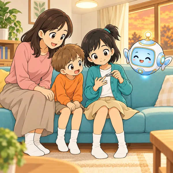明るいあかりの下で、ミオがつめを切り、弟と母が見ている。