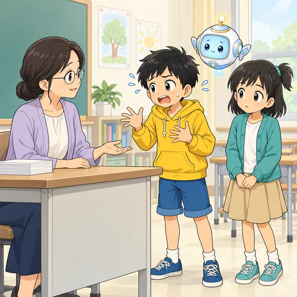 先生に宿題を出せなかったハルが、あわてて理由をならべている