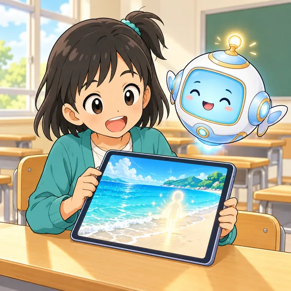 ミオが、AIで作った海の写真を見て笑っている。