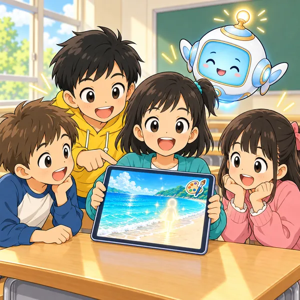 ミオが、AIで作ったと言って写真を見せ、友だちが集まっている。