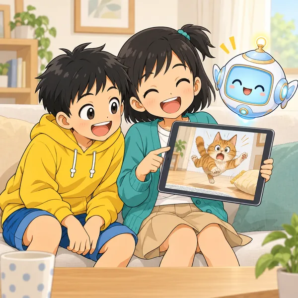 リビング。ミオがタブレットで、猫がびっくりして飛び上がる動画を見て笑っている