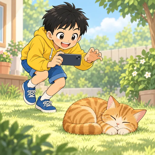庭。ハルが、日なたで眠っている猫の後ろにこっそりしのび寄り、スマホをかまえて驚かせようとしている