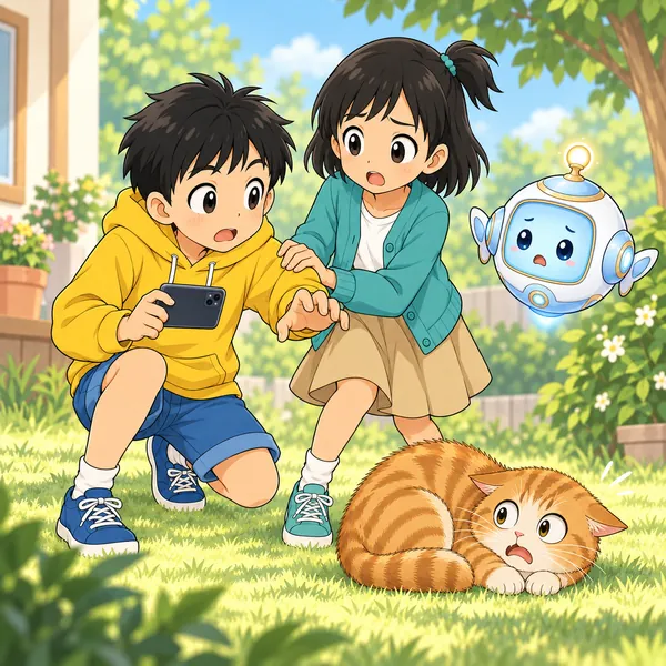 ミオがハルの腕をそっとつかんで止めている