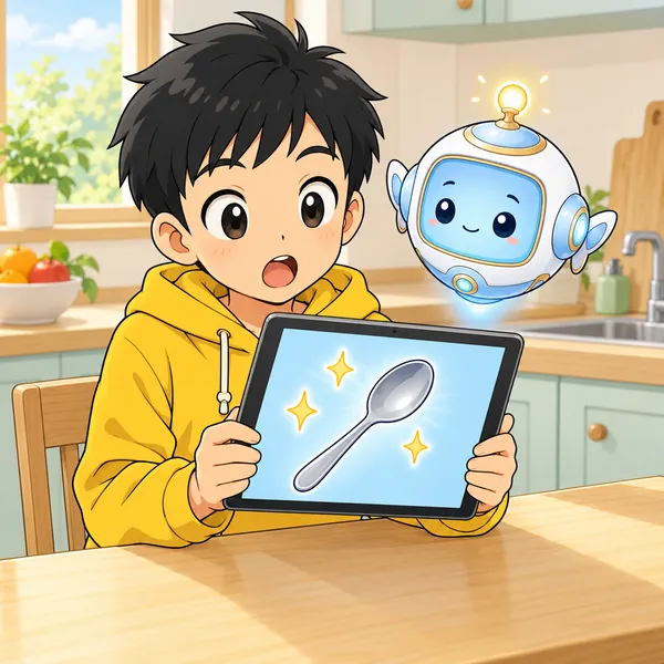 ハルが、スプーンがピカピカになる動画を見ている。