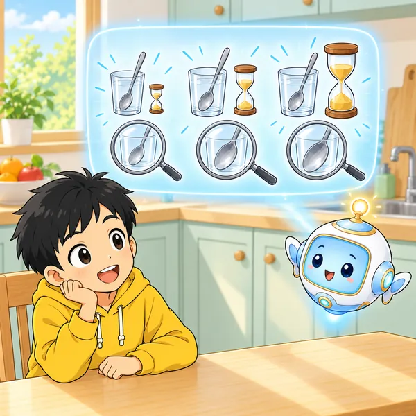 AIロボットが、条件を変えて何回かくらべる絵を見せている。