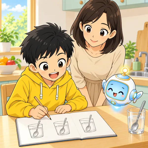 ハルが、ノートに実験の結果を絵でまとめている。
