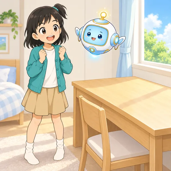 ミオが机の前で、毎日絵をかくと張り切っている。
