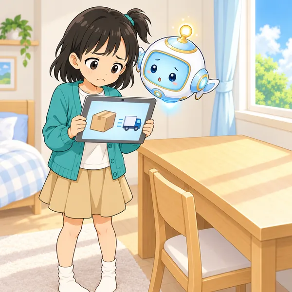 ミオがタブレットのお知らせを見て、がっかりしている。