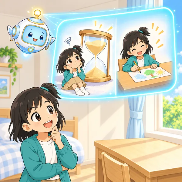 AIロボットが、待っている子と手元の紙でかく子の絵を見せている。