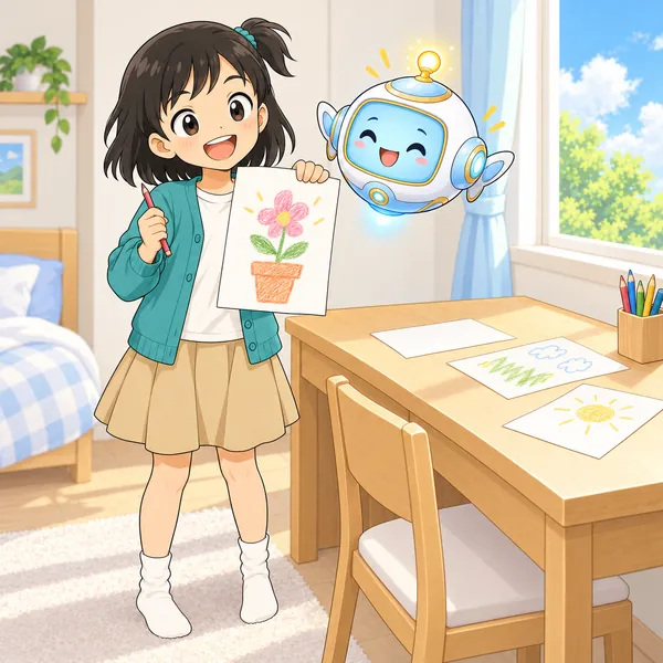 ミオがいらない紙の裏にかいた花の絵を見せている。