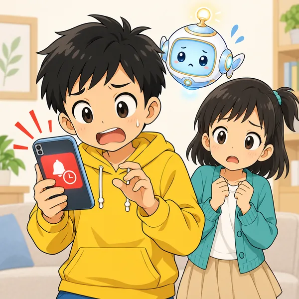 ハルのスマホに「今すぐ確認してください」という赤い通知が届き、あわてている