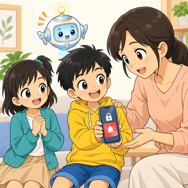 ハルが画面を閉じて、家の人にその通知を見せている