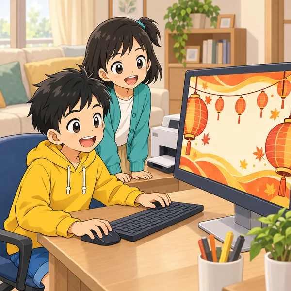 リビングで、ハルが紙のはしまで絵を広げた案内をパソコンで作っている。