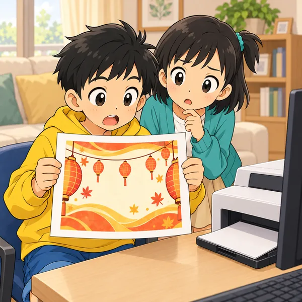 印刷した紙のはしっこが切れていて、ハルとミオがおどろいている。
