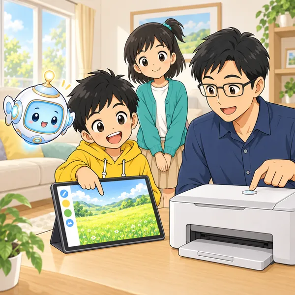ハルとお父さんが、タブレットの草原の絵を印刷しようとしている。
