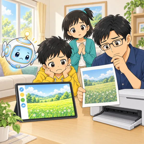 印刷した絵の色がくすんでいて、ハルががっかりしている。