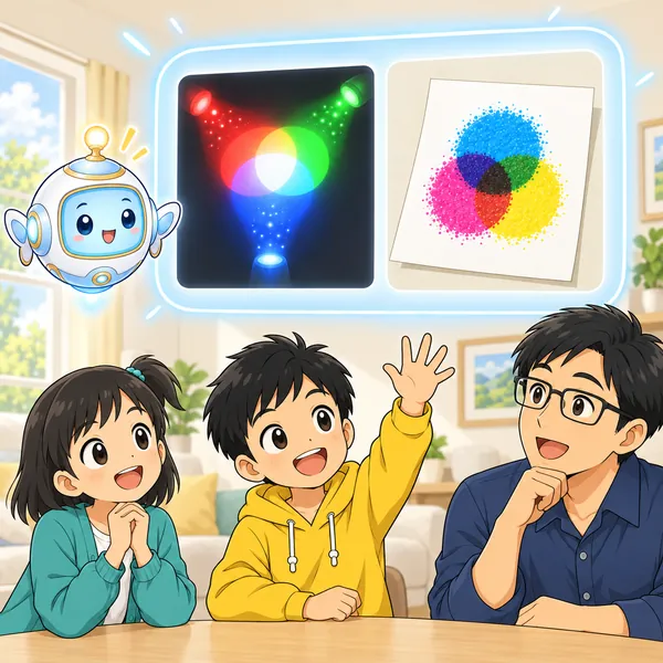 AIロボットが、画面の光の色と紙のインクの色のちがいを窓に見せている。