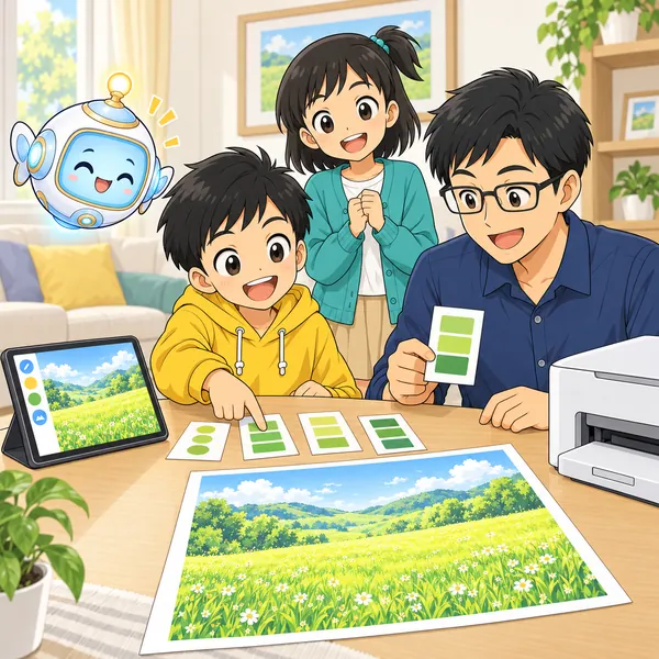ためしに印刷した紙を並べて、ハルとお父さんが色を選んでいる。