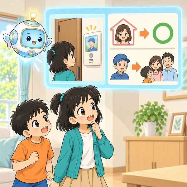 AIロボットが、先に画面を見る絵と、家族で決めた約束の絵を窓に見せている。