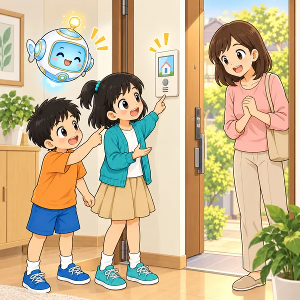 夕方、帰ってきたお母さんを、ミオと弟が玄関でむかえて話している。