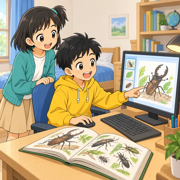 ハルの部屋で、ハルがパソコンで虫の発表スライドを作り、机に図鑑が開いてある。