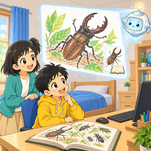 AIロボットが、自分の絵が大きく、すみに小さなわくと本のマークがあるスライドの形をうかべている。