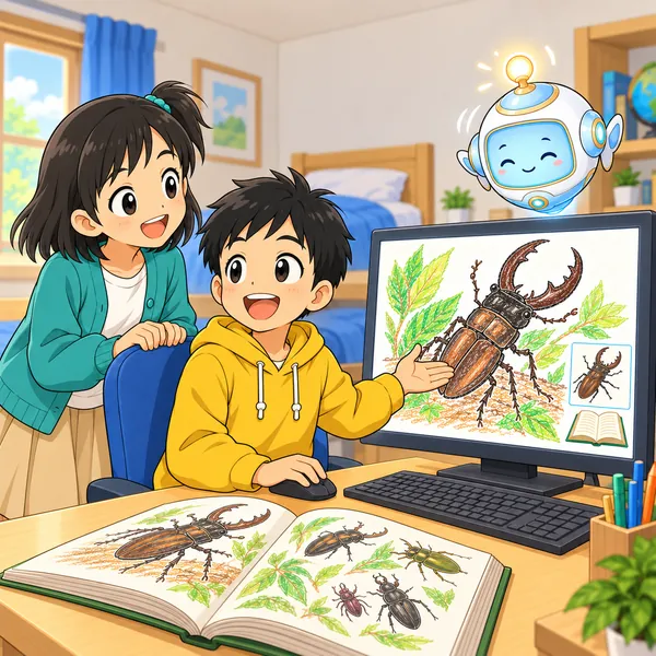 自分の絵が大きいスライドを、ハルがうれしそうにミオに見せている。