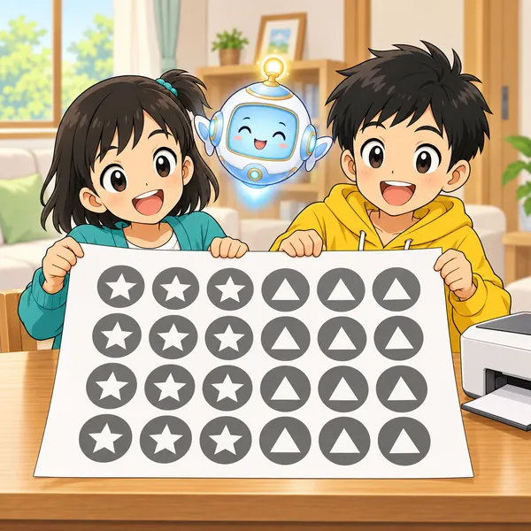 星と三角の形がはっきり見える白黒の紙を広げて、ハルとミオが笑っている。
