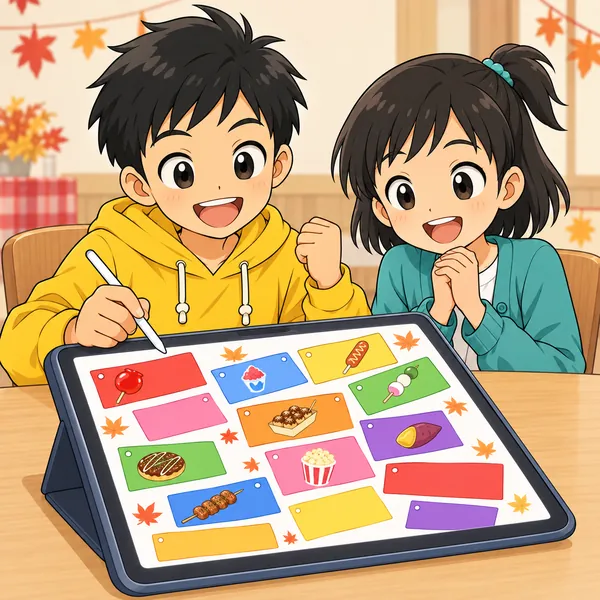 集会所で、ハルがたくさんの色の札がならぶ出店の案内を作り、得意そうにしている。