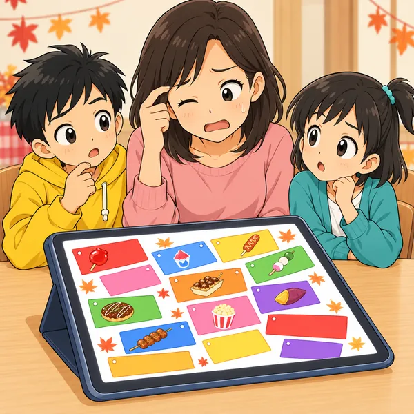 ミオのお母さんが画面を見て目をしばたたかせ、ミオとハルが首をかしげている。