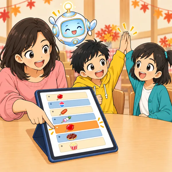 色をまとめた案内をミオのお母さんが笑顔で指さし、ハルとミオがハイタッチしている。