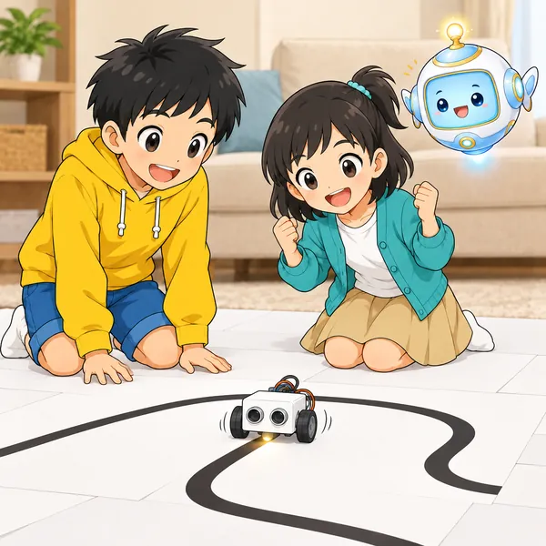 まわりを白い紙で囲んだら、ロボットが黒いテープの上をすいすい進み、ミオがガッツポーズしている。