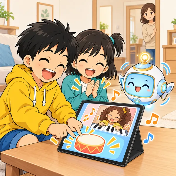 ハルと画面の友だちがリズムを合わせて演奏し、大笑いしている。