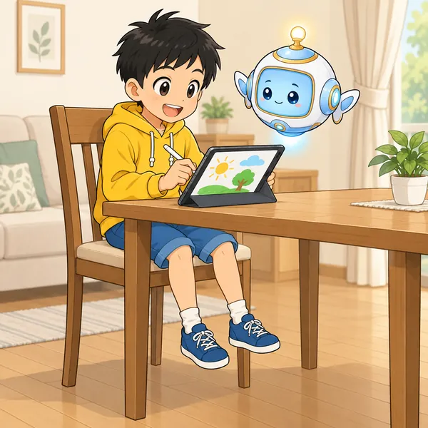 リビングの高い椅子で、足がとどかないハルがタブレットに絵を描いている。