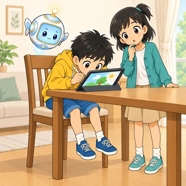 前のめりになって画面に顔を近づけるハルを、ミオがふしぎそうに見ている。